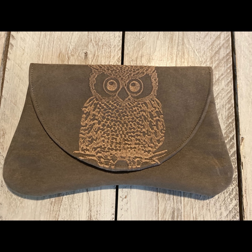 Gray suede Owl clutch